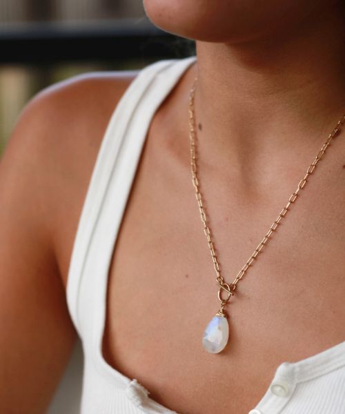 large moonstone toggle necklace on model